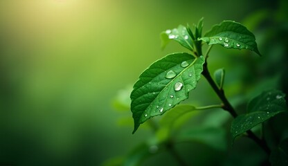 Obraz premium Close-up of fresh green leaves with water droplets, showcasing natural beauty and vitality in a serene environment.