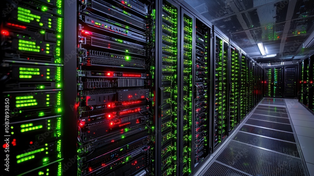 Poster high-tech data center interior with rows of servers and illuminated led lights, showcasing advanced 