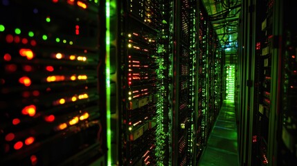 Futuristic Server Room with Colorful LED Lights and Illuminated Data Racks in a High-Tech Data Center Environment