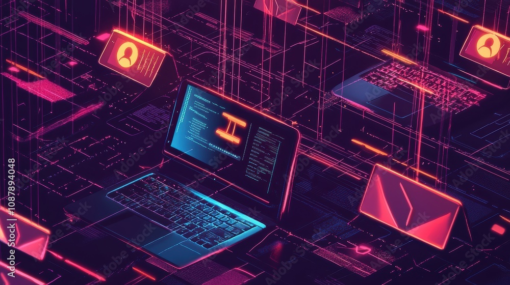 Poster futuristic digital workspace with data streams, laptops, and cyber elements representing technology,