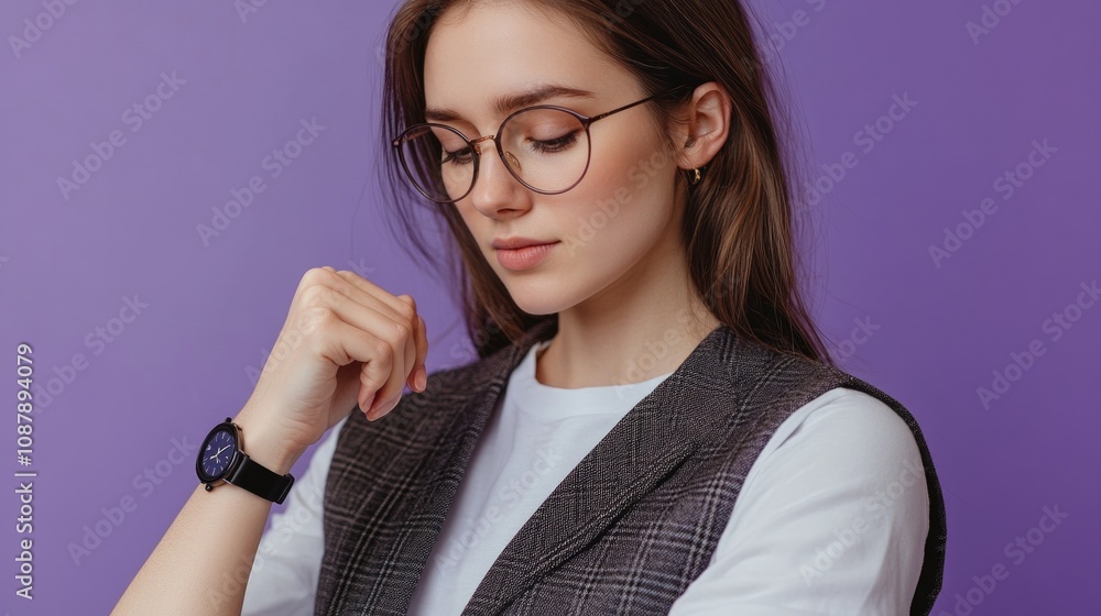 Poster a person looking at their timepiece, possibly checking the hour or timing something
