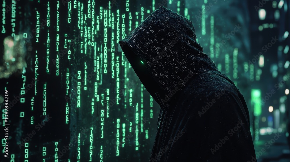 Aufkleber mysterious figure in dark hooded cloak surrounded by glowing binary code in futuristic urban environ