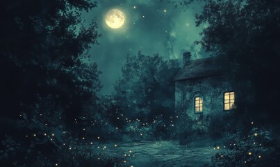 Naklejka premium Enchanting Moonlit Garden Aglow with Fireflies and Ethereal Lo-Fi Ambience