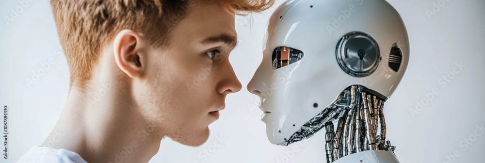 Poster A young individual looks intently into a digital mirror while a humanoid robot reflects back, showcasing advanced technology. Generative AI