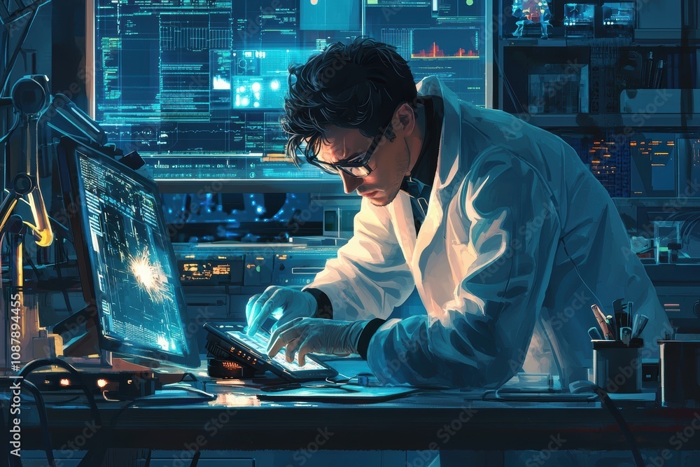 Poster focused scientist analyzing complex data in a modern laboratory with advanced technology, monitors d