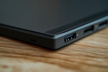 A close-up view of a laptop on a table, great for showcasing technology or office settings