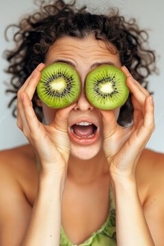 Naklejki A woman holds kiwi slices in front of her eyes, a curious and playful pose