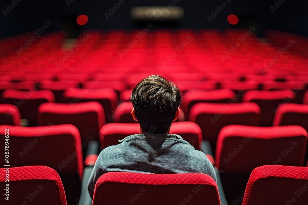 Poster a person sits in a theater seat among rows of bright red chairs, perfect for event or performance co