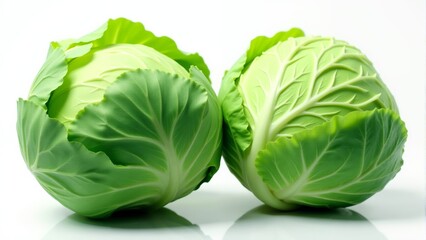 Fototapeta premium Fresh and vibrant green cabbages arranged on a clean white background, showcasing natural beauty