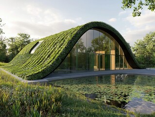 Fototapeta premium Modern Eco-Friendly House with Green Roof Surrounded by Lush Nature and Serene Water Features, Showcasing Sustainable Architecture and Design Principles