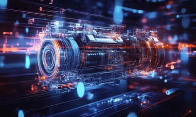 Fototapeta premium Engine optimization process visualized through light trails and floating geometric shapes