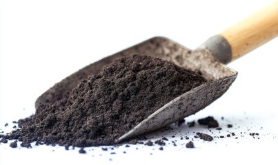 Close-up of a shovel filled with loose soil. The shovel has a wooden handle and the soil is scattered slightly around it against a white background