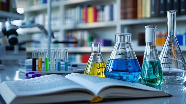 A chemistry lab with a book open on a table. The book is titled "Chemistry for Dummies". There are several beakers and test tubes on the table, some of which are filled with colorful liquids