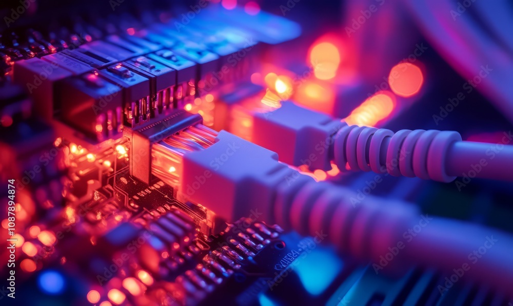 Poster close-up of an illuminated circuit board with connected network cables, showcasing modern technology
