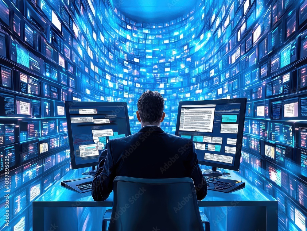 Poster focused professional analyzing data on multiple computer screens surrounded by a futuristic digital 