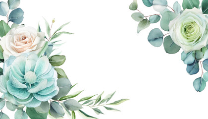Watercolor Floral Corner Border Mint Roses and Green Peony with Eucalyptus for Wedding Invitations