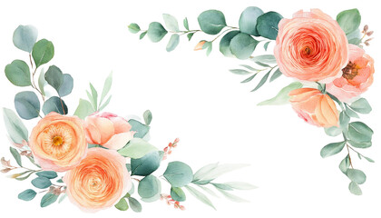 Watercolor Floral Corner Border Orange and Peach Floral Arrangement with Eucalyptus for Wedding Invitations