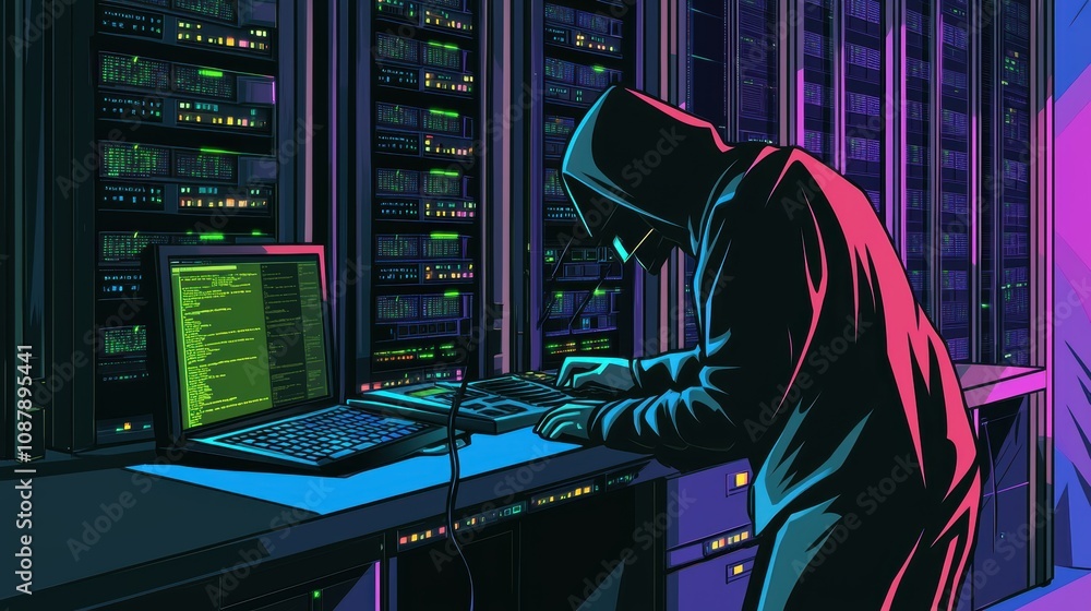 Poster mysterious figure in hoodie working in dark server room surrounded by technology and code with color