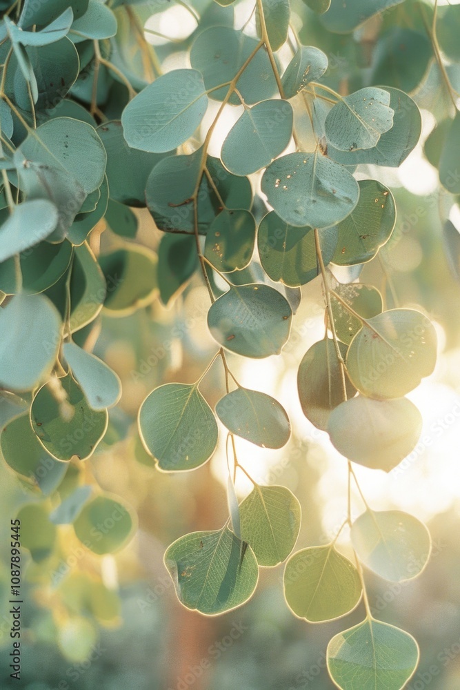 Poster a cluster of green leaves suspended from a tree branch