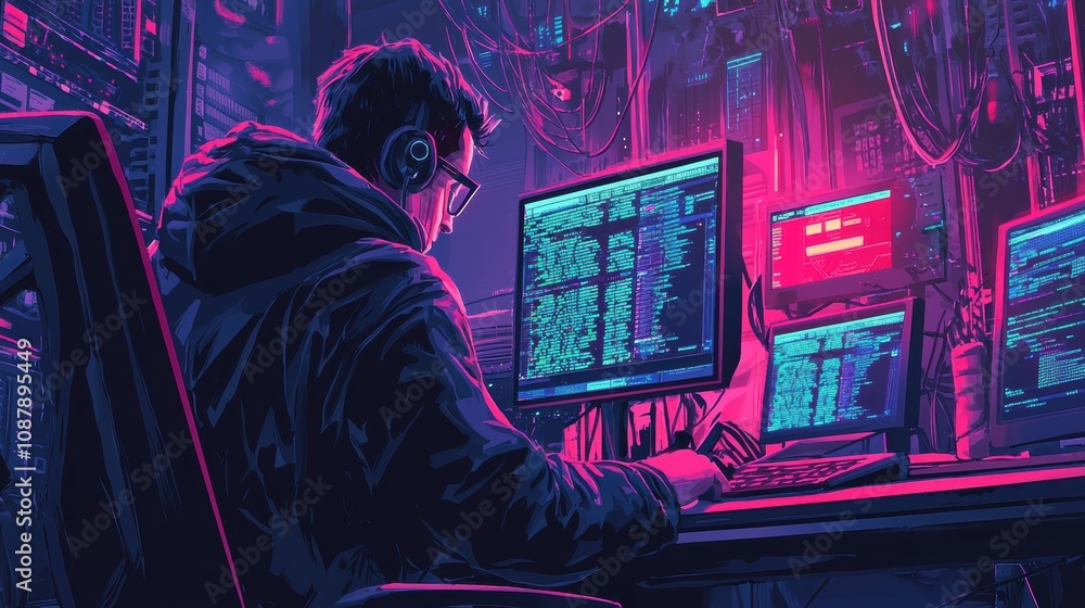 Poster cybersecurity expert analyzing data on multiple monitors in a high-tech control room with neon light