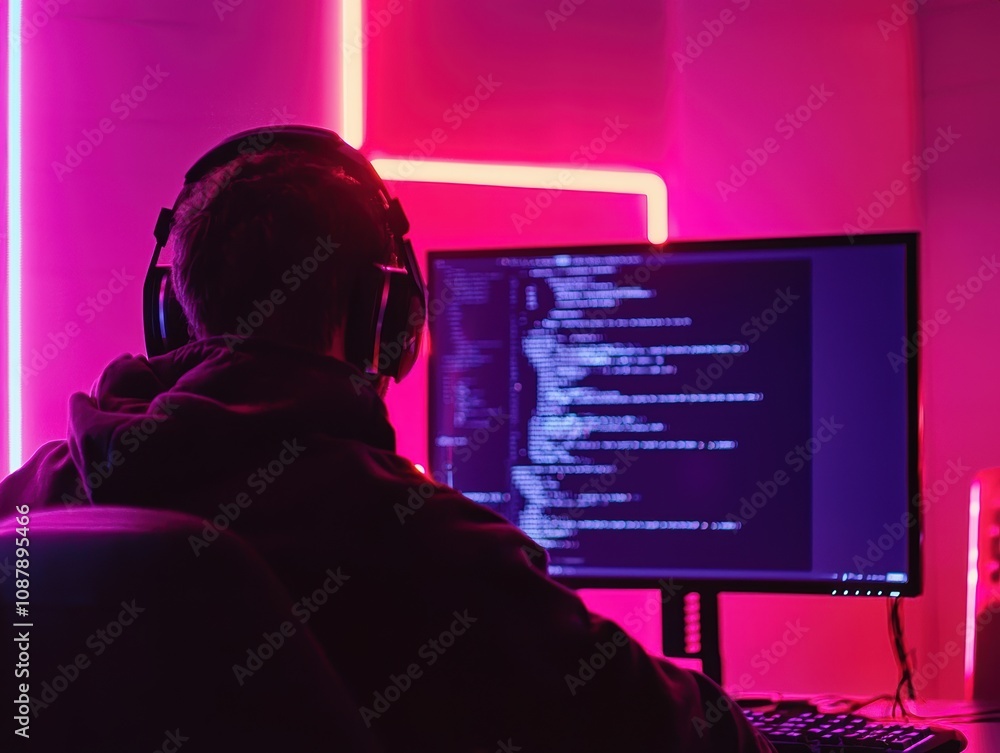 Poster person working on computer coding in dark room with neon pink and purple lighting, focus on screen f