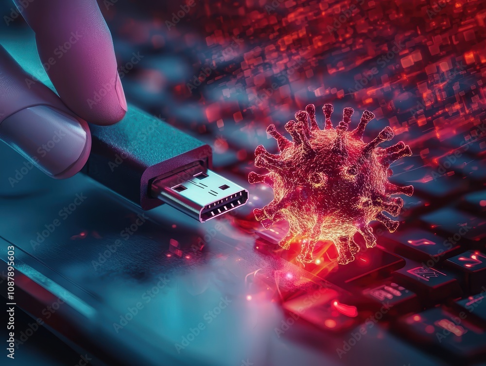 Poster conceptual image of a hand inserting a usb drive into a laptop keyboard, with a digital virus symbol
