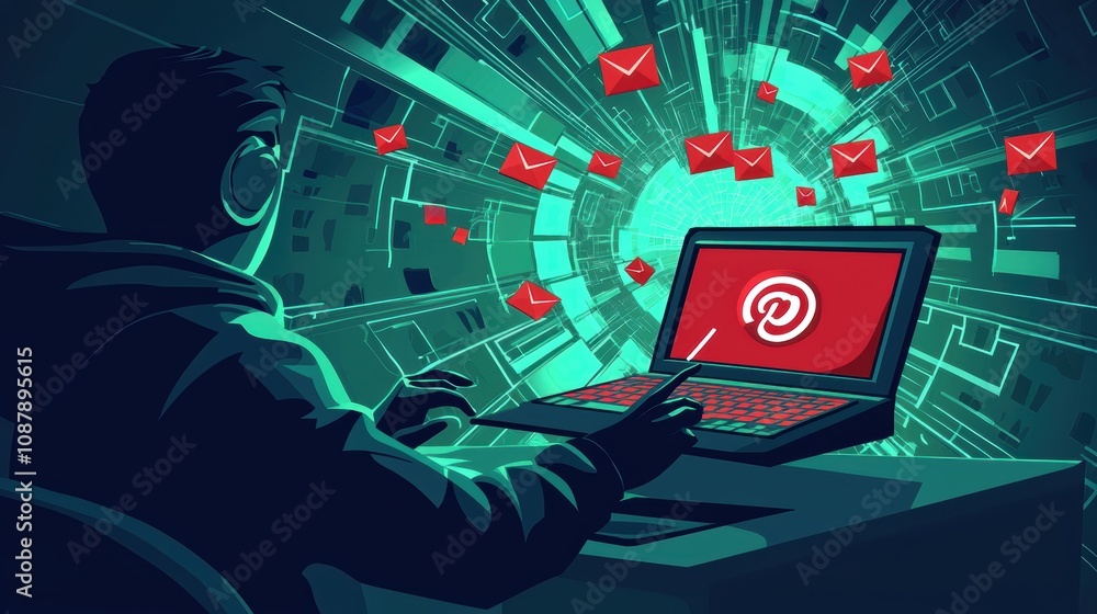 Poster a digital art representation of a person engaged in online communication with emerging email notific