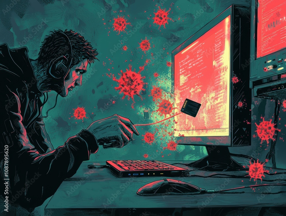 Poster a solitary hacker immersed in digital chaos, surrounded by floating virus symbols, working diligentl