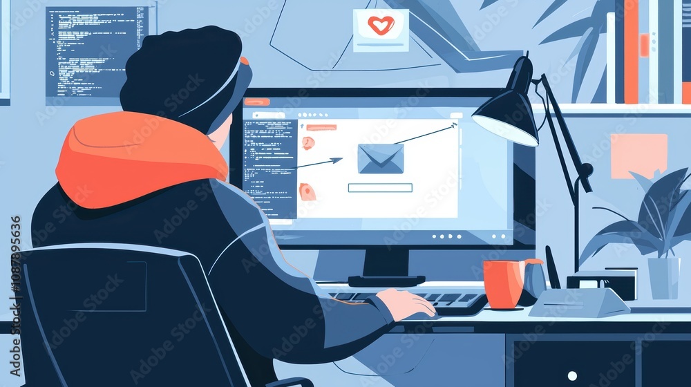 Poster focused individual working on computer in cozy workspace with coding background and email interface,