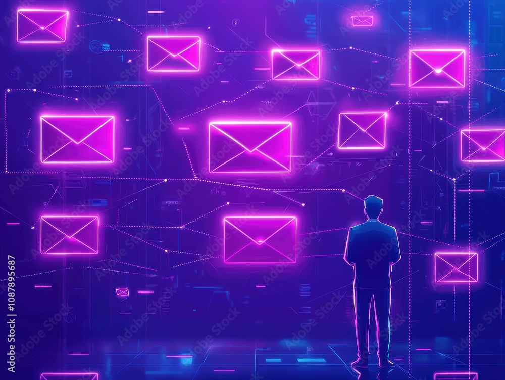 Poster abstract concept of digital communication with a person contemplating neon email icons and data conn