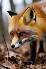 Fototapeta premium A close-up shot of a red fox in its natural habitat, surrounded by trees and foliage