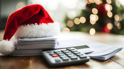 Calculator and stack of invoices with Santa hat representing an accountant holiday season