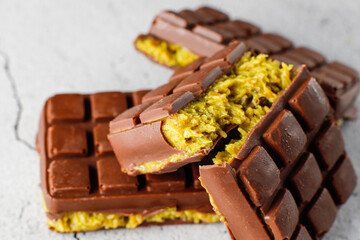 Dubai chocolate bar with pistachio paste and kadaif dough