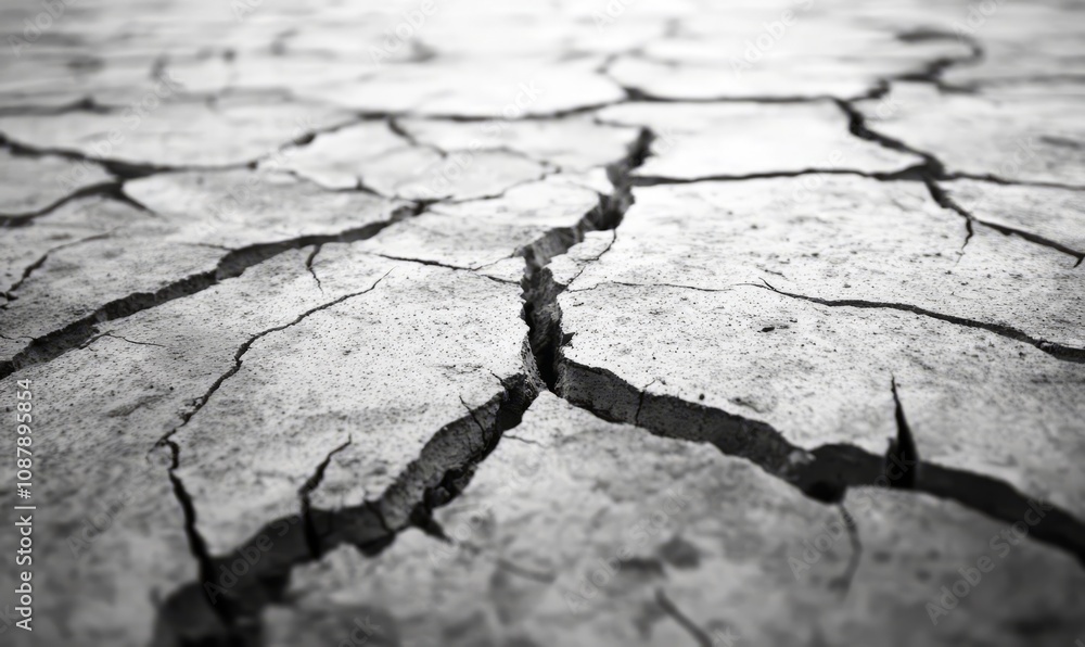 Poster close-up view of cracked concrete surface with visible fractures and weathered textures