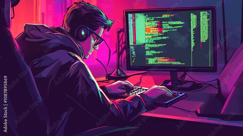 Poster a focused young programmer in a dark room surrounded by colorful code and neon lights, immersed in t