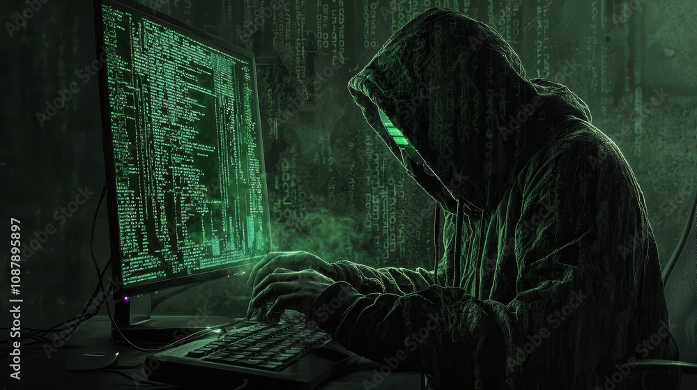 Poster mysterious hooded figure engaged in cyber activity surrounded by digital code and green matrix backg