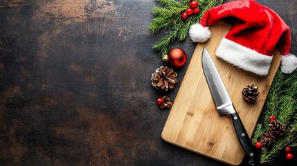 Chef knife and cutting board with Santa hat representing a chef holiday meal preparations