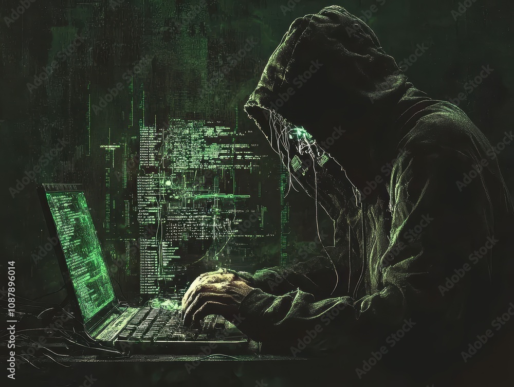 Poster mysterious hooded figure engaged in cyber activities surrounded by glowing code and digital elements