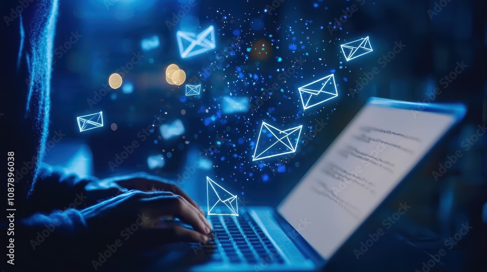 Poster modern communication technology concept with digital mail icons emerging from laptop and hands typin