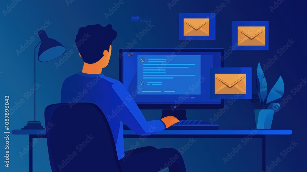 Poster young man using a desktop computer to check messages and emails in a dimly lit workspace with a lamp