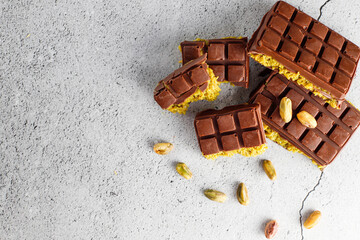 Dubai chocolate bar with pistachio paste and kadaif dough