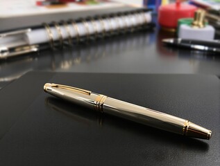 Elegant pen with gold trim on a sleek black desk, with a business planner and office supplies in the background
