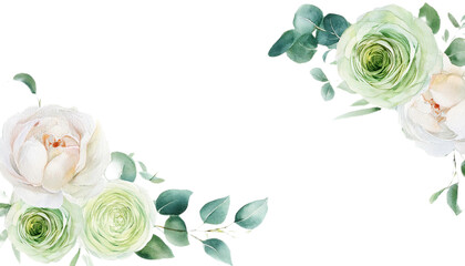 Watercolor Floral Corner Border Soft Green Roses and Light Green Peony with Eucalyptus for Wedding Stationery