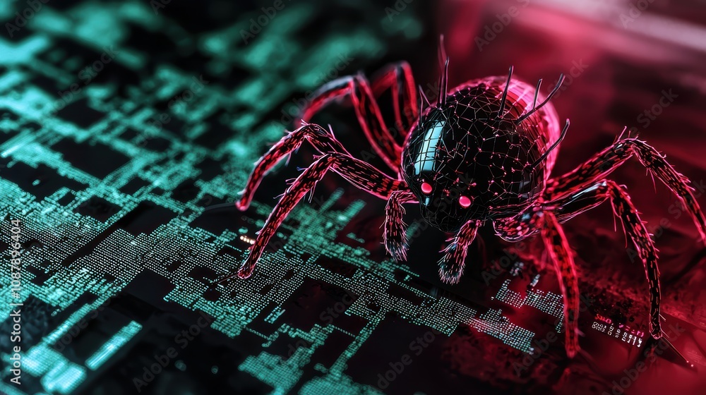 Poster futuristic digital spider exploring cybernetic terrain in a neon world of technology and abstract pa