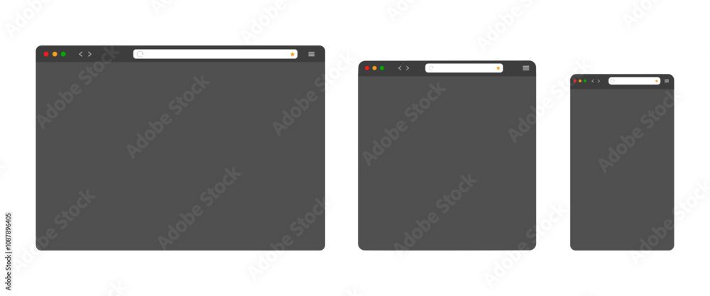 Poster blank web browser window design in dark mode isolated on white background. browser mockup for comput