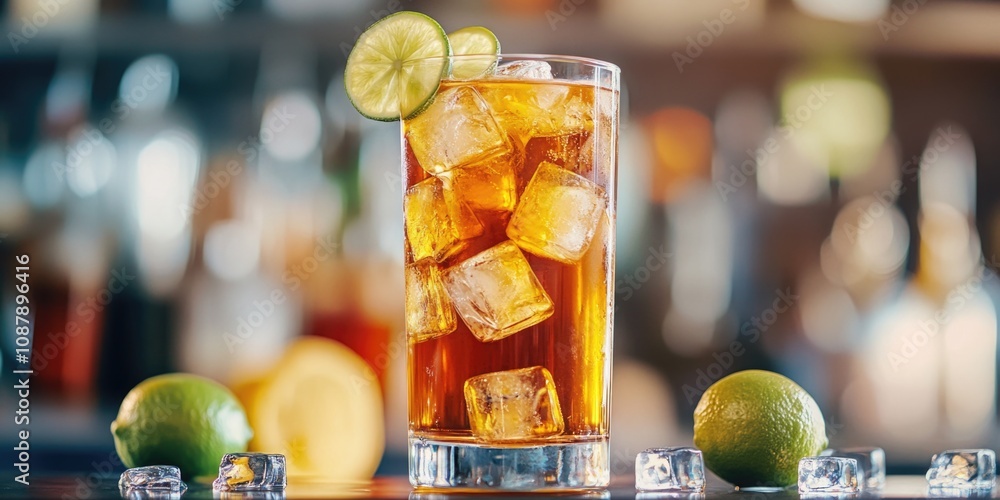 Poster a tall glass filled with ice and lime slices, ready for a refreshing drink