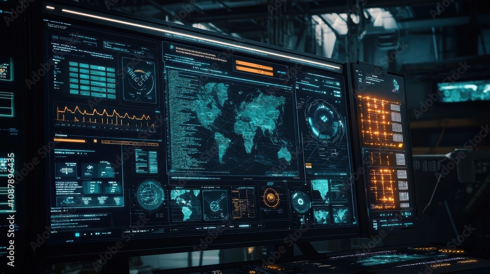 Poster futuristic control room displaying global data analytics with dynamic charts and high-tech user inte