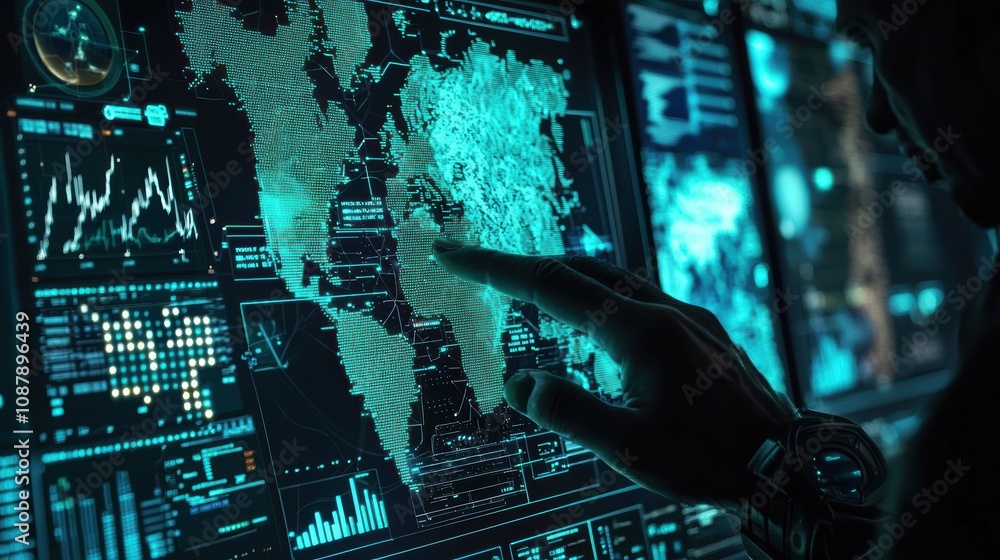 Poster high-tech interface displaying analytical data and global maps with user interaction in a futuristic