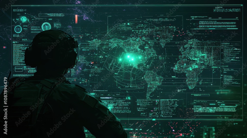Poster futuristic military operator analyzing global data with high-tech interface and digital maps in dark