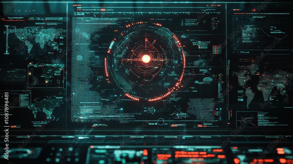 Poster futuristic digital interface with global maps and data analysis visuals showcasing advanced technolo
